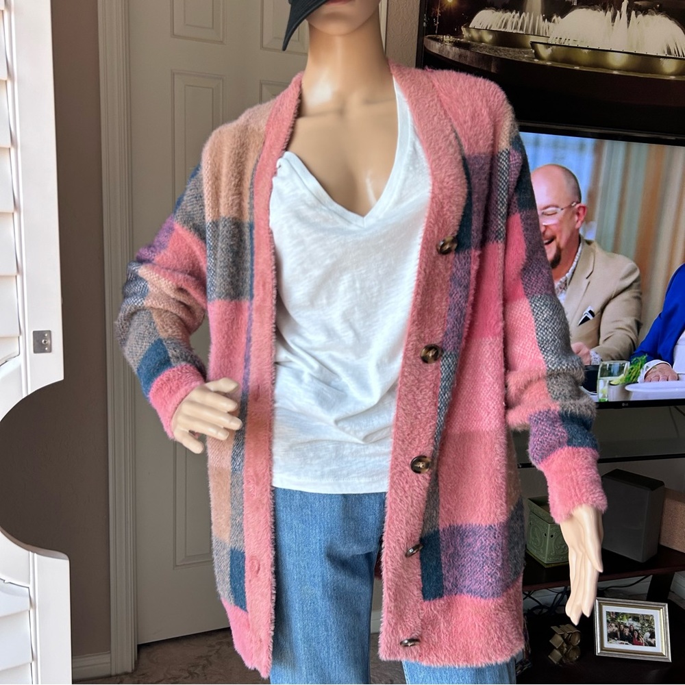 🏷️ Ann Taylor Pink Blue Wool Blend Soft Long Cardigan